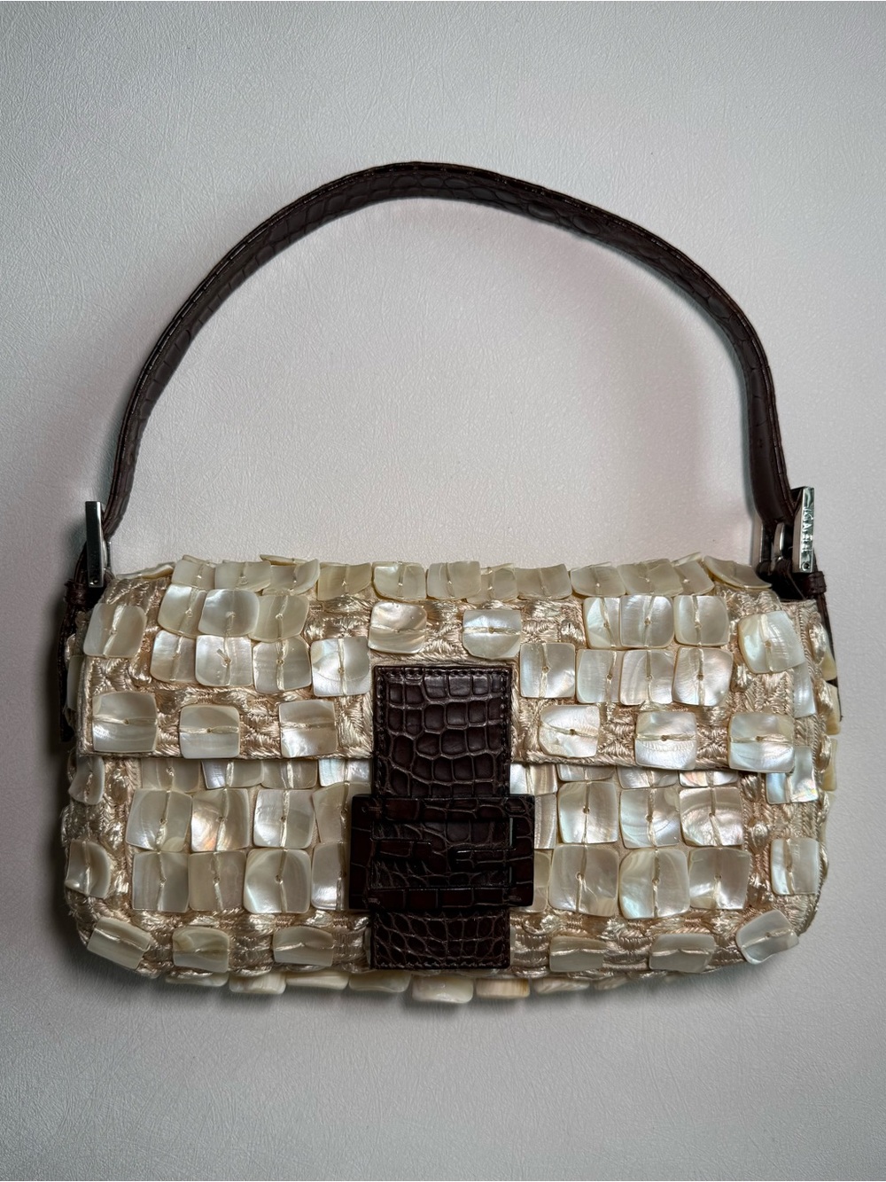 Vintage Fendi Mother of Pearl Baguette Bag w Crocodile Trim - Picture 2 of 11